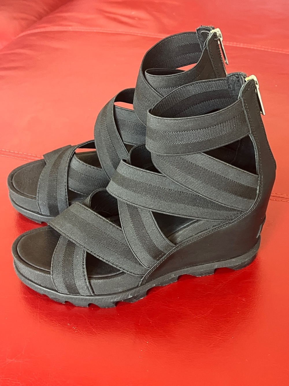 Sorel Joanie™ II Leather Wedge Heeled Gladiator Stretch Sandal Black Women's 7.5 - Picture 4 of 13